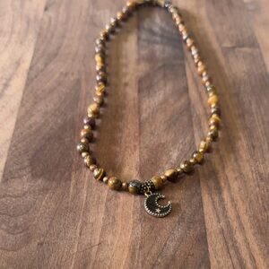 Red Mahogany & Yellow Tiger’s Eye & Gold Beaded Necklace with Crescent Pendant